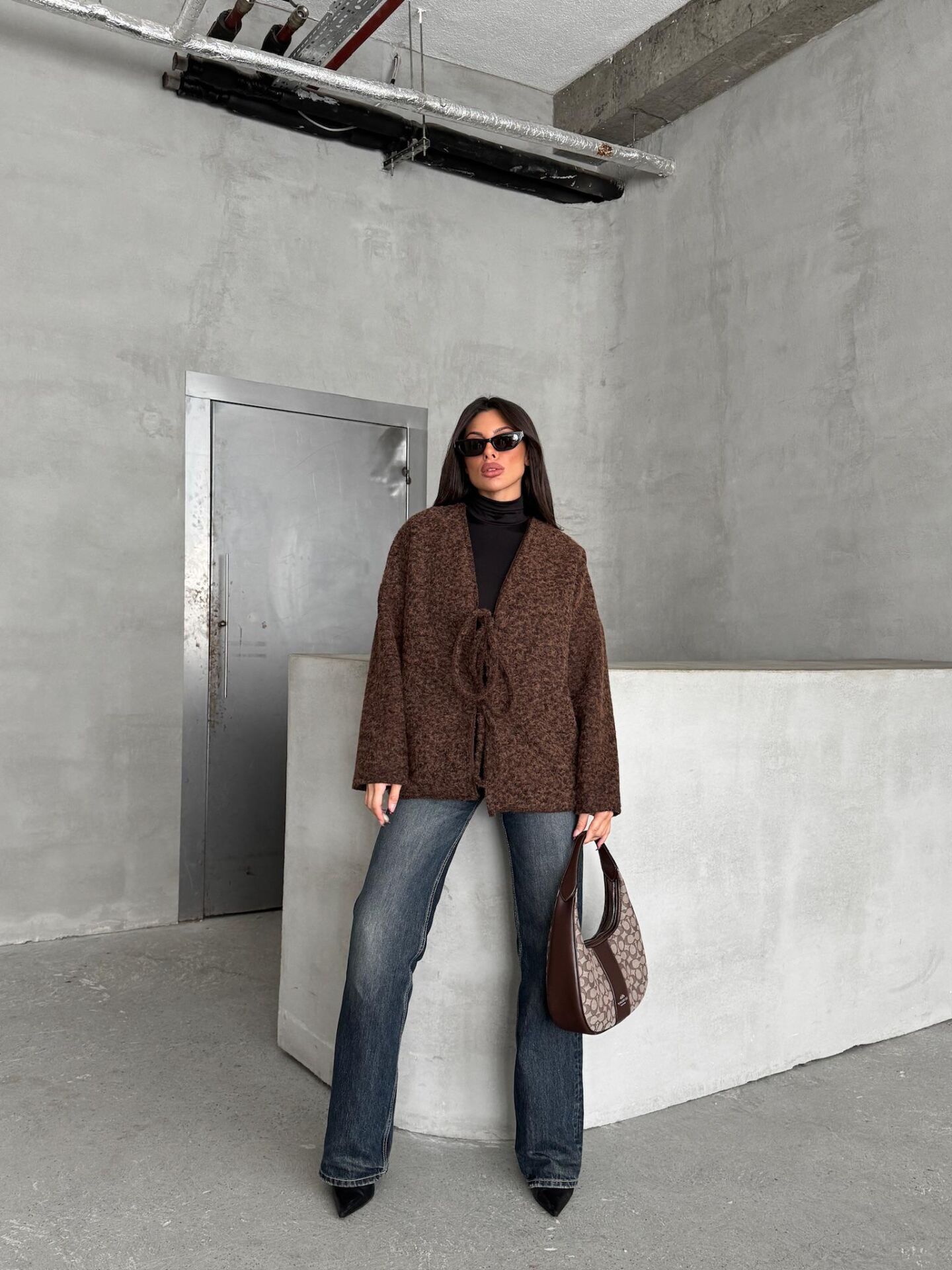 Bağcıklı Kırçıllı İçi Astarlı Acı Kahve Hırka